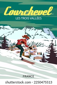 Travel poster Ski Courchevel resort vintage. France winter landscape travel card