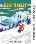 Travel poster Ski Deer Valley resort vintage. USA winter landscape travel card