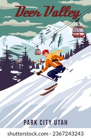Travel poster Ski Deer Valley resort vintage. USA winter landscape travel card