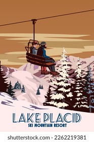 Reiseplakat Ski Lake Placio Resort Vintage. Amerikanische Winterlandschaft-Reisekarte