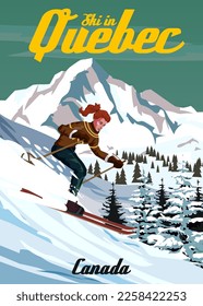 Travel poster Ski Quebec resort vintage. Canada winter landscape travel card