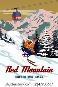 Travel poster Ski Red Mountain resort vintage. Canada winter landscape travel card