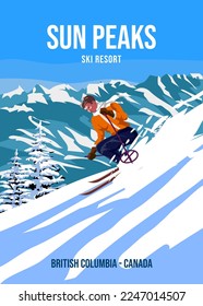 Travel poster Ski Sun Peaks resort vintage. Canada winter landscape travel card