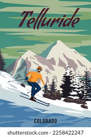 Travel poster Ski Telluride resort vintage. America winter landscape travel card