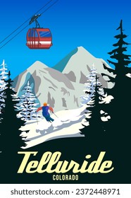 Reiseplakat Ski Telluride Resort Vintage. Amerikanische Winterlandschaft-Reisekarte