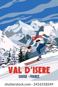 Travel poster Ski Val d'Isere resort vintage. France winter landscape travel card