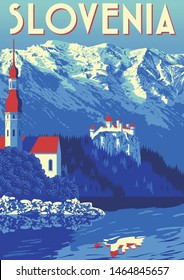 Travel Poster Of Slovenia. Handmade Drawing Vector Illustration. Retro Style. Flat Design.