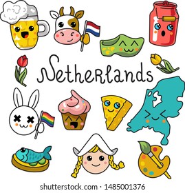 Travel poster stickers inviting to the Netherlands. Emotional objects in kawaii style: beer, cheese, klomps, map of the Netherlands, tulips, cow, hare, flags of Amsterdam and LGBT. Vector graphics