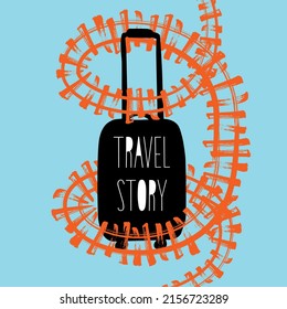 Travel poster with suitcase and railways, journey story banner, vector. 