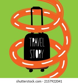 Travel Poster With Suitcase And Road, Journey Story Banner, Vector. 