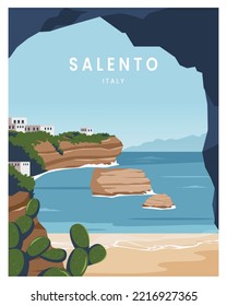 travel poster Summer in salento coast. travel to italy. vector illustration with flat style.