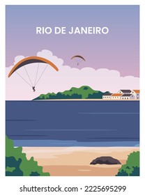 travel poster with sunset in rio de janeiro. trip to Brazil. Vector illustration with flat style.