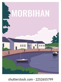 travel poster of sunset view in Morbihan, France. vector illustration landscape background with colored style. 