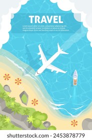 Travel poster template with airplane flying over tropical island