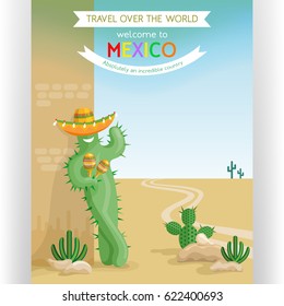 Travel poster template with smiling cactus in sombreros. Text customized for traveling to Mexico invitation. Desert mexican landscape. Flat style vector illustration.