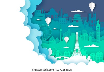 Travel poster template, vector illustration in paper art style. Hot air balloons flying over world famous landmarks silhouettes, copy space. Layered paper cut travel composition for web banner, page.