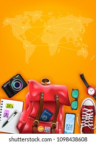 Travel Poster Top View Template with Space for Text and World Map with Realistic 3D Items for Travelling Like Backpack, Sneakers, Mobile Phone, Passport and Sunglasses in Orange Background. Vector