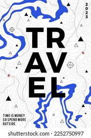 Travel poster of topographic line map. Vector line pattern of geographic map countour. Outline pattern with points, rivers countours, routs. Topography map background.