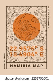 Travel poster of topographic line map. Vector line pattern of geographic map countour. Outline pattern of Namibia coordinates. Topography map background. svg