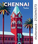 Travel poster of town Chennai, India, with central railway station clock tower and palm trees. Handmade drawing vector illustration. 