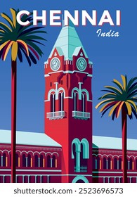 Cartaz de viagem da cidade de Chennai, na Índia, com torre central do relógio da estação ferroviária e palmeiras. Ilustração de vetor de desenho artesanal. 