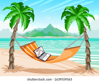 Travel poster, tropical island, remote work. Laptop on hot tropical beach, vector illustration.