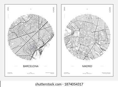 Travel poster, urban street plan city map Barcelona and Madrid, vector illustration