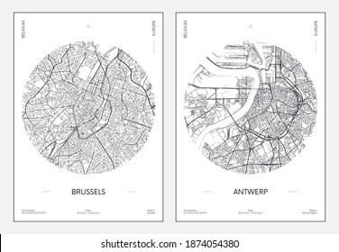 Travel poster, urban street plan city map Brussels and Antwerp, vector illustration