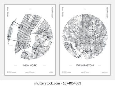 Travel poster, urban street plan city map New York and Washington, vector illustration