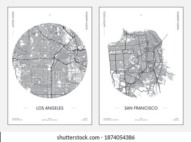 Travel poster, urban street plan city map Los Angeles and San Francisco, vector illustration