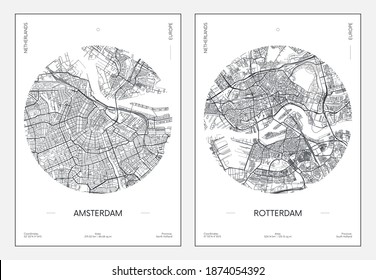 Reiseplakat, Stadtplan Stadtplan Amsterdam und Rotterdam, Vektorgrafik