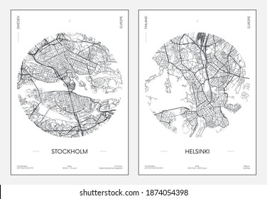 Travel poster, urban street plan city map Stockholm and Helsinki, vector illustration