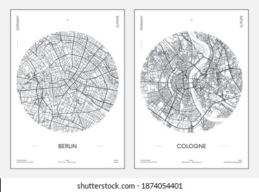 Travel poster, urban street plan city map Berlin and Cologne, vector illustration