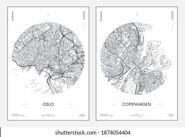 Travel poster, urban street plan city map Oslo and Copenhagen, vector illustration