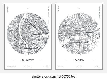 Travel poster, urban street plan city map Budapest and Zagreb, vector illustration