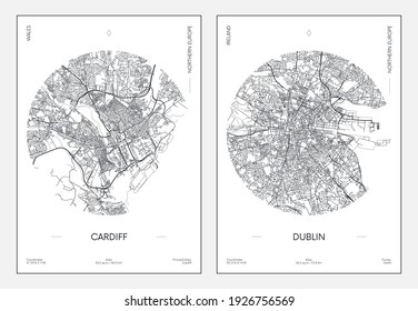 Travel poster, urban street plan city map Cardiff and Dublin, vector illustration