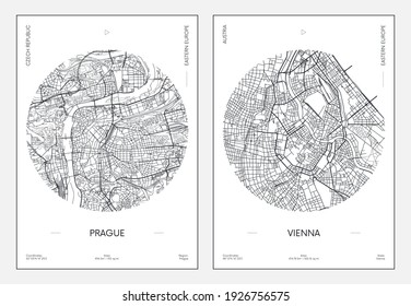Travel poster, urban street plan city map Prague and Vienna, vector illustration