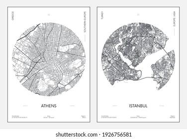 Travel poster, urban street plan city map Athens and Istanbul, vector illustration
