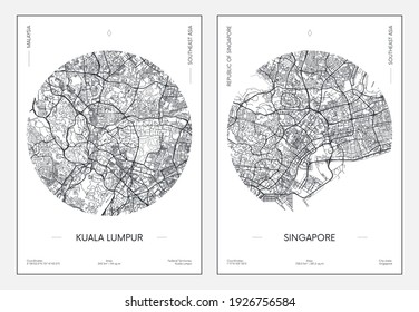 Reiseplakat, Stadtplan Stadtplan Stadtplan Kuala Lumpur und Singapur, Vektorgrafik