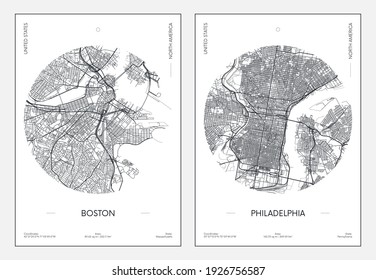 Travel poster, urban street plan city map Boston and Philadelphia, vector illustration svg