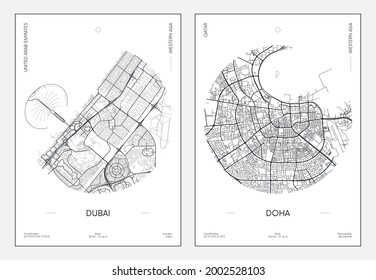 Travel poster, urban street plan city map Dubai and Doha, vector illustration