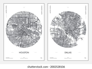 Travel poster, urban street plan city map Houston and Dallas, vector illustration