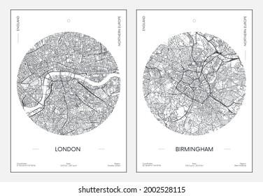 Travel poster, urban street plan city map London and Birmingham, vector illustration