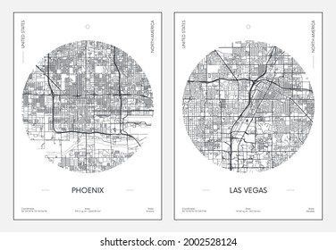 Travel poster, urban street plan city map Phoenix and Las Vegas, vector illustration