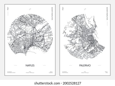 Travel poster, urban street plan city map Naples and Palermo, vector illustration