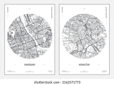 Travel poster, urban street plan city map Warsaw and Krakow, vector illustration