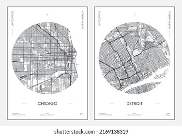 Travel Poster, Urban Street Plan City Map Chicago And Detroit, Vector Illustration