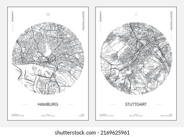 Travel poster, urban street plan city map Hamburg and Stuttgart, vector illustration