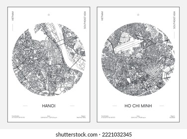 Travel poster, urban street plan city map Hanoi and Ho Chi Minh, vector illustration