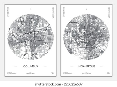 Travel poster, urban street plan city map Columbus and Indianapolis, vector illustration